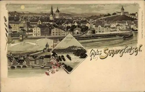 Litho Schaffhausen am Rhein Schweiz, Stadtansicht, Rheinfall