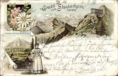 Litho Stans Kanton Nidwalden, Stanserhorn, Schweizerische Tracht