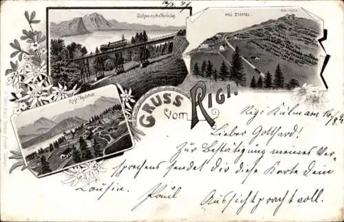 Litho Rigi Staffel Kanton Schwyz, Brücke, Landschaft, Bergbahn