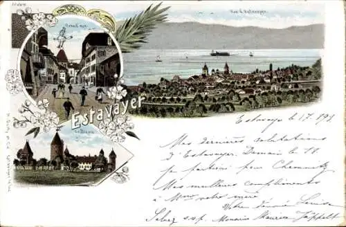 Litho Estavayer le Lac Kanton Freiburg, Hauptstraße, Burg, Stadtansicht