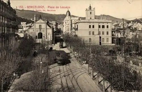 Ak Barcelona, Plaza de Lesseps, Straßenbahnen