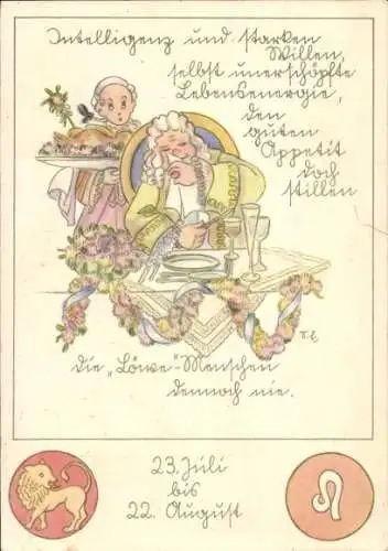 Künstler Ak Sternzeichen Löwe, Mann am Tisch, Abendbrot, Braten