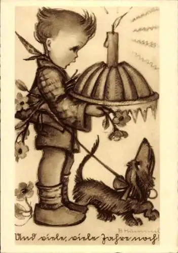 Künstler Ak Hummel, Berta, Und viele viele Jahre noch, Nr. 4427, Kind mit Geburtstagskuchen, Dackel