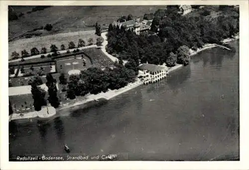 Ak Radolfzell am Bodensee, Fliegeraufnahme, Strandbad und Cafe