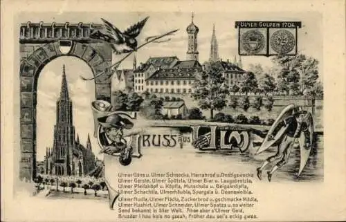 Künstler Ak Ulm Donau, Kirche, Mann mit Flügeln, Gulden