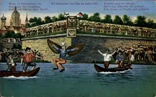 Künstler Ak Ulm an der Donau, Der Schneider im Jahre 1811 vor Zuschauern