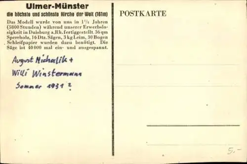 Ak Ulm an der Donau, Modell vom Münster, Erbauer