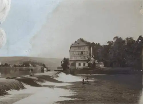 Original Foto Schweinfurt, Mainpartie, Bleiweisswehr und Bleiweissmühle, um 1900