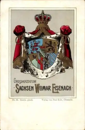 Wappen Litho Großherzogtum Sachsen Weimar Eisenach, Kunstverlag Paul Kohl, Chemnitz, No. 35