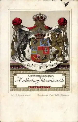 Wappen Litho Großherzogtum Mecklenburg Schwerin und Strelitz, Paul Kohl Chemnitz No. 12