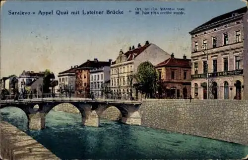 Ak Sarajevo Bosnien Herzegowina, Appel Quai, Lateiner Brücke, Ort des Attentats 1914