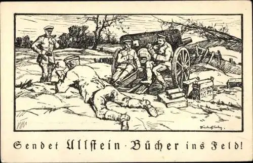 Künstler Ak Sendet Ullstein Bücher ins Feld, Deutsche Soldaten, Geschütz