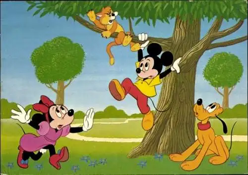 Ak Comic, Walt Disney, Mickey Mouse, Minnie, Pluto, Katze am Baum