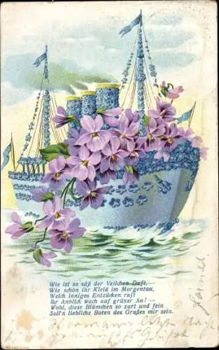 Ak Dresden Schönfeld Weißig, Motiv: Ein Schiff aus Veilchen auf dem Wasser