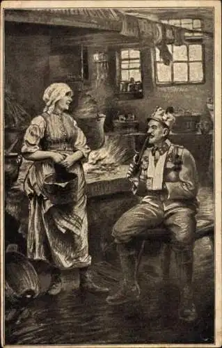 Ak Kamenz in Sachsen, Eine Frau steht in einer Küche und schaut einen Soldaten an, der auf ein...