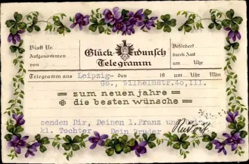 Ak Neujahrs Glückwünsche, Telegramm, Klee, Blumen