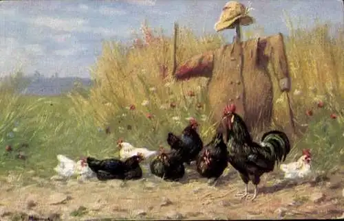 Künstler Ak Vogelscheuche, Hühner