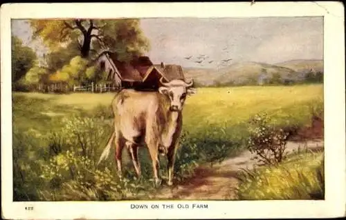 Künstler Ak Bauernhof, Kuh