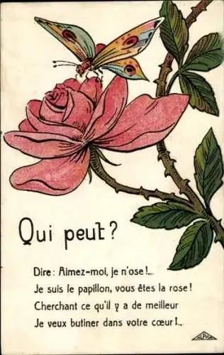 Künstler Ak Rote Rose, Schmetterling