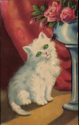 Ak Weiße Katze, Rosen in der Blumenvase