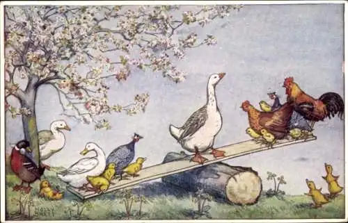 Künstler Ak Brett, M., Vögel beim Wippen, Enten, Küken, Hühner, Gänse