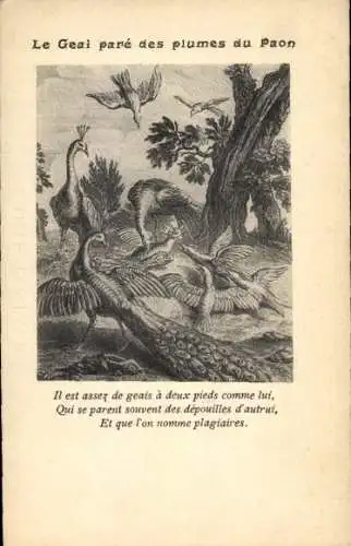 Ak Vögel, Pfauen, Fabel, Le Geai pare des plumes du Paon