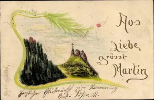 Handgemalt Ak Kirch auf dem Hügel, Wald, Grüße von Martin