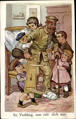 Ak Dresden Striesen, Soldat im Kreise seiner Familie ein Kind im Bett, eines hält einen Stuhl,...