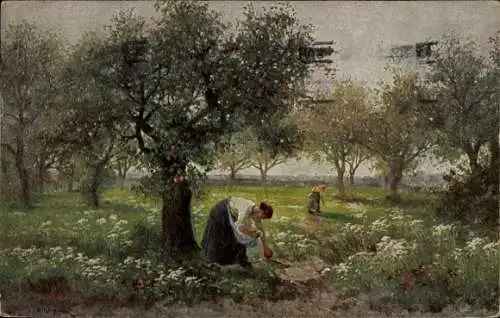 Ak Basel Bâle Stadt Schweiz, Obstgarten, zwei Frauen ernten Obst