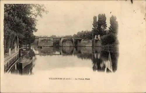 Ak Villennes sur Seine Yvelines, Villenennes, alter Pont, Boote im Wasser, Ufer mit Bäumen