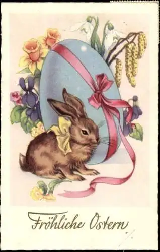 Ak Glückwunsch Ostern, Osterhase, Osterei mit Schleife, Blumen