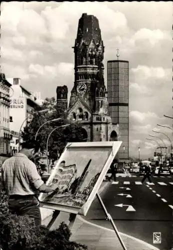 Ak Berlin Charlottenburg, Kurfürstendamm, Kaiser Wilhelm Gedächtniskirche, Maler mit Staffelei