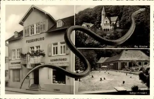 Ak Schlangenbad im Taunus Hessen, Restaurant Felsenburg, Konditorei, Ev. Kirche, Schwimmbad, g...