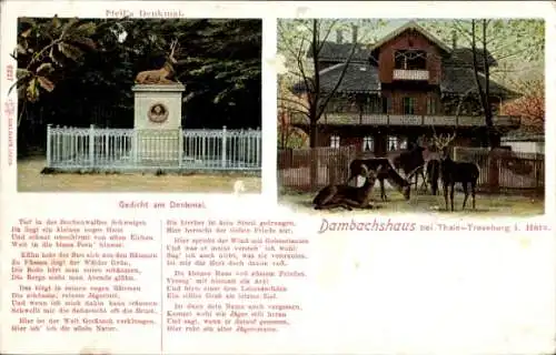 Ak Thale Treseburg im Harz, Dambachhaus, Rehe, Gedicht