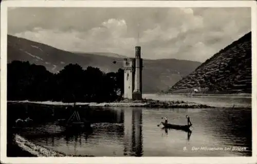 Ak Bingen am Rhein, Mäuseturm,  Rhein, Sagenbuch, Schifffahrt, 1856, Landschaft, Wasser, Boot