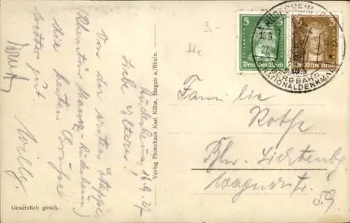 Ak Rüdesheim am Rhein,  Denkmal, Adlerturm, Flusslandschaft, Boote, Uferfront