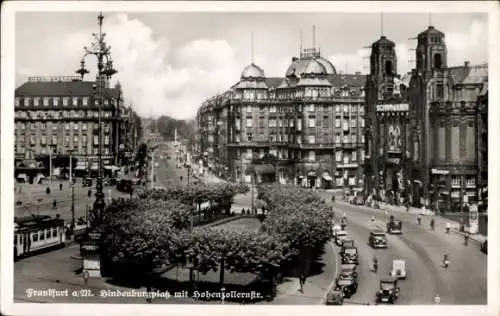 Ak Frankfurt am Main, Hindenburgplatz, Hohenzollernstraße, Gebäude, Autos, Straßenbahn, Mensch...