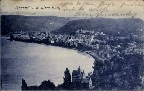 Ak Boppard am Rhein, Boppard v. d. alten Burg, Fluss, bewaldete Hügel, Stadtansicht, Gebäude, ...