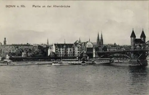 Ak Bonn am Rhein, Bonn am Rhein, Rheinbrücke, UNION Hotel, Kirchtürme, Boote auf dem Rhein