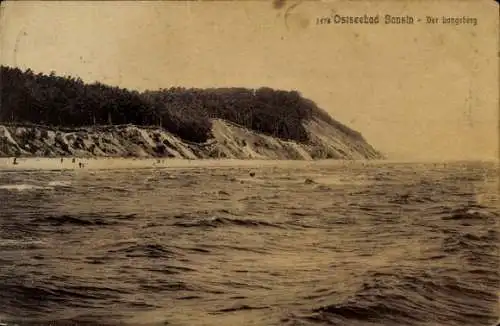 Ak Ostseebad Bansin auf Usedom,  Der Bangeberg, Küstenlinie, Meer, Wald, Menschen am Strand