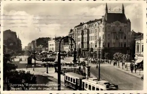 Ak Beograd Belgrad Serbien, Historische Gebäude, Straßenszene, Straßenbahn, Menschen, Bäume