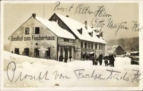 Ak Moldava Moldau Reg. Aussig, Gasthof zum Fischerhaus, Inh. Arthur Dix, Winter