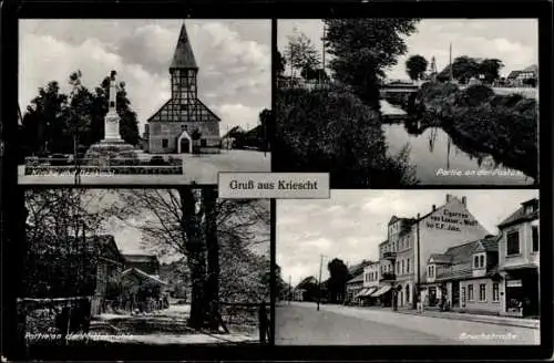 Ak Krzeszyce Kriescht Ostbrandenburg, Kirche, Statue, Wasserweg, Straßenansicht, Gebäude