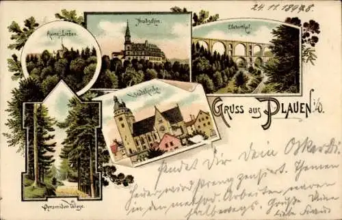 Ak Plauen im Vogtland, Postkarte mit Ansichten von  Ruine, Pyramiden, Stadtkirche, Elsterthal