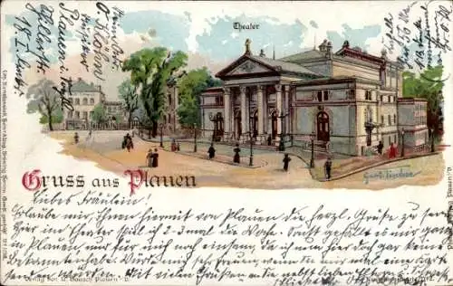 Ak Plauen im Vogtland, Theatergebäude, viele Personen, Bäume, Postkartenansicht.