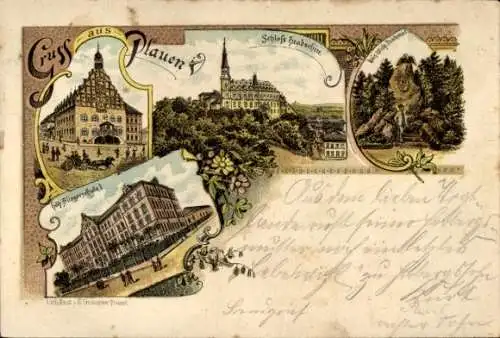 Litho Plauen im Vogtland, Schloss Hradschin, Bürgerschule I, Kaiser Wilhelm Denkmal