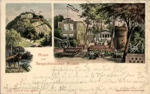Ak Nossen in Sachsen, Bergschlösschen, historische Atmosphäre, Kanone, Panorama, Gruss