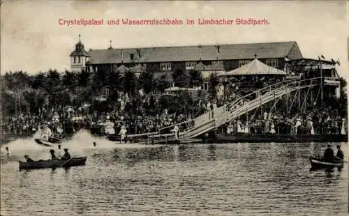 Ak Limbach Oberfrohna in Sachsen, Crystallpalast, Wasserrutschbahn, Limbacher Stadtpark, viele...