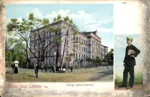 Ak Löbau in Sachsen, Historisches Gebäude, Lehrer-Seminar, Person in Uniform, Bäume