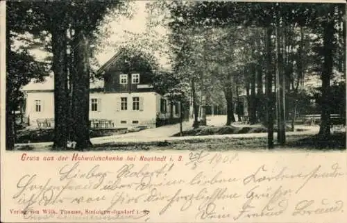 Ak Hohwald Neustadt in Sachsen, Hohwaldschenke, Gebäude, Sitzplätze im Freien, Natur, Postkarte